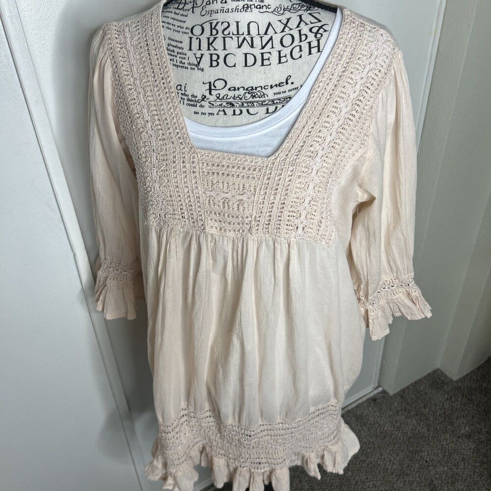 Pink Embroidered Boho Peasant Blouse L Cotton Peplum Fairycore Coastal